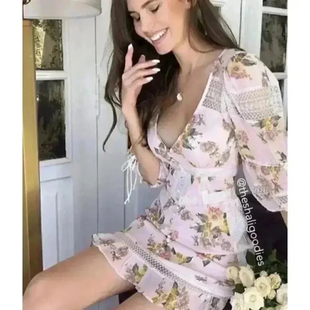 FOR LOVE & LEMONS Isadora Mini Dress Silk Lace Ruffle XS $334 - Picture 5 of 9